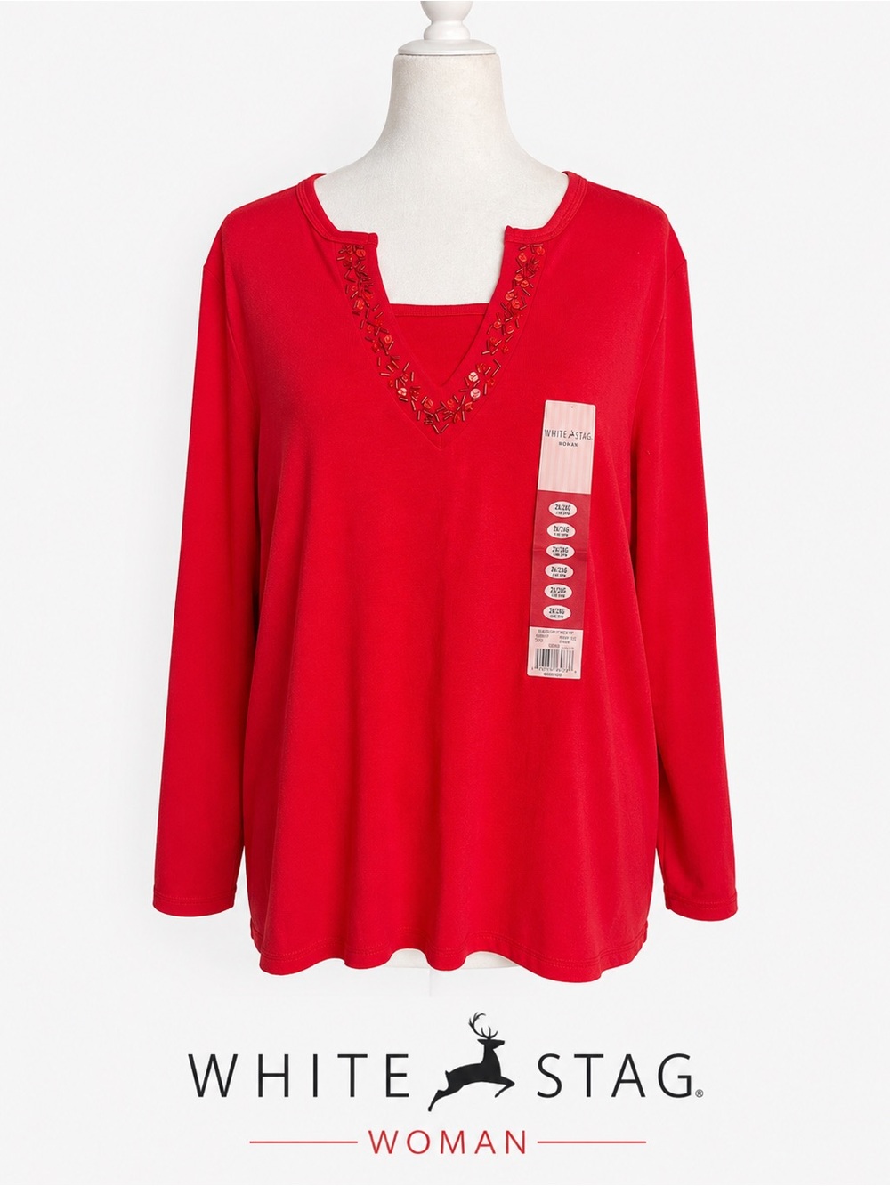 White Stag Red Cotton Long-Sleeve V-Neck Top with Beaded Trim NWT